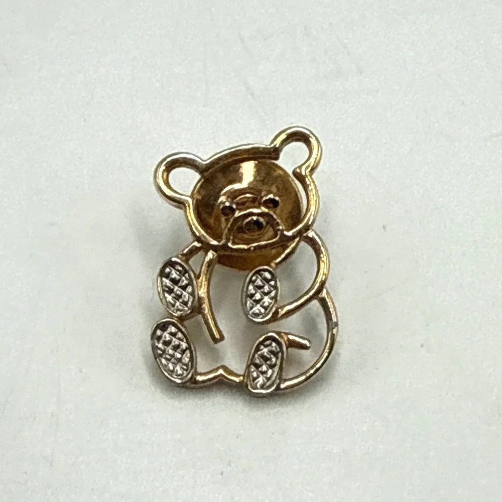 Vintage Avon Teddy Bear Lapel Pin Gold Tone Silver Tone Textured Paws Signed